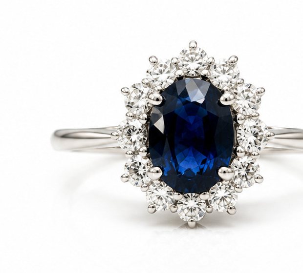 Anel Diana — gema azul oval com halo clássico em metal claro